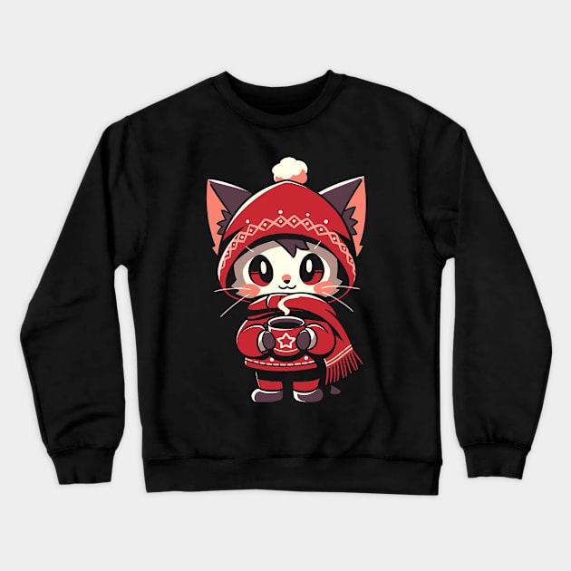 Adorable Kawaii Christmas Coffee Cat Crewneck Sweatshirt by Indigo Lake